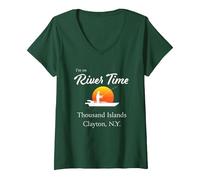 Estoy en River Time - Thousand Islands Clayton NY St. Lawrence Camiseta Cuello V, Mujer, Verde Bosque, S