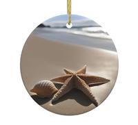 Estrella de mar conchas de arena con estampado de Navidad, árbol de Navidad de Papá Noel, de cerámica, redondo, para colgar, regalos de recuerdo
