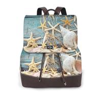 Estrella de mar en la playa en una red de pesca,Mochila para mujer, impermeable, ligera, de piel sintética, moderna, para viajes.