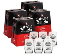 Estrella Galicia Cerveza Especial 4 packs x 6 botellas de 25 cl + Juego de 6 vasos de caña