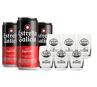 Estrella Galicia Especial y Juego de Vasos - Pack Combinado de Cerveza Estrella Galicia Especial de 24 Latas x 33 lc 5,5% Vol y Juego de 6 Vasos de Caña, Aptos para Lavavajillas
