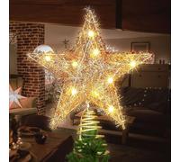 Estrella Iluminada para la Cima del Árbol de Navidad, Grande 25x30 cm, 20 Luces LED Blanco Cálido con Hilo Brillante, Decoración para la Cima del Árbol de Navidad. (Dorado)