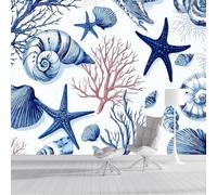 Estrellas de mar, corales y conchas marinas Murales de Pared, Vida marina retro Papel Pintado Azul de Tela, Gran Mural Fotográfico para guarderías, escuelas, escuela, estilo