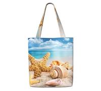Estrellas de mar y conchas en la playa，Bolsas de supermercado reutilizables, bolsas de compras, bolsas de lona de gran capacidad, bolso de hombro