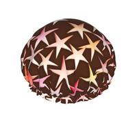 Estrellas de satén rosa sobre chocolate,Gorro de ducha, gorro de noche, gorro de baño elástico impermeable de doble capa, reutilizable para el cabello.