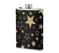 Estrellas doradas sobre fondo negro,Frasco de acero inoxidable 304 de 8 oz con funda de cuero sintético, frasco de bolsillo para licor plano para exteriores