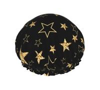 Estrellas doradas sobre fondo negro,Gorro de ducha, gorro de noche, gorro de baño elástico impermeable de doble capa, reutilizable para el cabello.