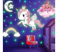 Estrellas que brillan en la oscuridad, juegos de unicornio brillante con luna de castillo y arco iris calcomanías de pared para habitación de niños, ideal para regalo de cumpleaños, calcomanías