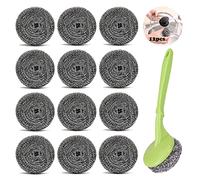 Estropajo de acero inoxidable, 12 unidades, en espiral, estropajo de acero inoxidable, estropajo con 1 mango, para eliminar las manchas difíciles en la cocina