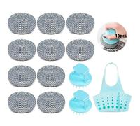 Estropajo Scrub con Mango 13 Piezas - Set de Cocina Inoxidable con 2 Mangos y Porta Estropajos para Limpiar Ollas, Parrillas y Horno