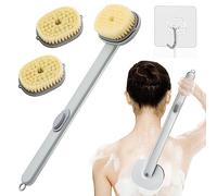 Estropajos de espalda para uso en ducha, cepillo de espalda con mango largo para cepillo de ducha, juego de 3 cabezales de cepillo, 1 gancho con aplicador de crema de espalda, almacenamiento de gel de ducha integrado, cepillo corporal de cepillado seco para exfoliar la piel