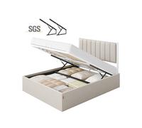 VASAGLE Estructura de Cama, 140 x 200 cm, Cama Elevable, 2 Personas, con Almacenaje, Cabecero, Sistema Hidráulico, Moderno y Minimalista, Fácil Montaje, Beige Capuchino RMB614LH01