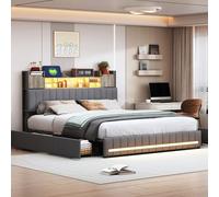 Estructura de Cama 140x200 cm con 2 Cajones de Almacenaje, Cama Tapizada de Matrimonio en Lino Gris, Cabecero con Puertas, Estantes y Puertos de Carga, Luces Ambientales de Colores, Somier Incluido