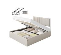 VASAGLE Estructura de Cama, 160 x 200 cm, Cama Elevable, 2 Personas, con Almacenaje, Cabecero, Sistema Hidráulico, Moderno y Minimalista, Fácil Montaje, Beige Capuchino RMB615LH01