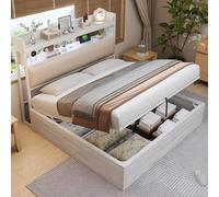 Estructura de cama 180x200 con elevación hidráulica, puerto USB, cabecero tapizado, diseño vintage en madera y metal, espacio de almacenaje oculto, cama doble, muebles de dormitorio modernos, color b