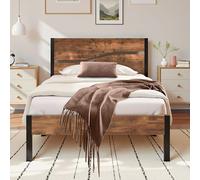 Estructura de Cama de 90 x 200 cm, Cama Individual con somier de láminas de Metal y cabecero de Madera Grueso, Estable y silencioso, Cama de Invitados y Cama Juvenil para Dormitorio, Color marrón