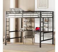 Estructura de cama de metal, cama de hierro, cama alta con escritorio y dos estanterías para niños, adolescentes y adultos, 140 x 200 cm, negro