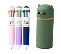 Estuche 2 en 1 con bolígrafo de 10 colores, 3 unidades, con cremallera de animales Kawaii, soporte para bolígrafos, estuche de lápices, estuche de silicona suave para estudiantes, verde, Lindo