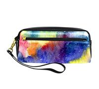 Estuche abstracto colorido con fondo de acuarela, bolsa para bolígrafos, bolsa de piel sintética con cremallera para niños y niñas, suministros escolares y de oficina
