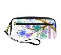 Estuche abstracto de acuarela azul, morado y verde, bolsa de piel sintética con cremallera para niños y niñas, suministros escolares y de oficina