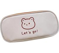 Estuche bordado de oso de lona con cremallera de gran capacidad, color | Almacenamiento de papelería Kawaii, para estudiantes y adolescentes, para niñas, material de lona, cierre de cremallera