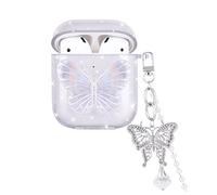 Estuche Brillantes de Mariposa Bonito 3D para AirPods 1/2 con TPU Suave a Prueba de Golpes, Anti-Rasguños Anti-Polvo, Cubierta Delicado con Llavero Perlas para Niñas, Fácil Transporte para AirPods 1&2