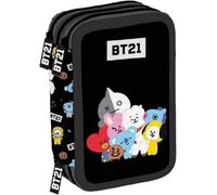 Estuche BT21 negro escuela primaria triple, estuche portalápices y portalápices lleno con 18 lápices de colores, 18 rotuladores y set de papelería + llavero llavero silbato y bolígrafo de color,