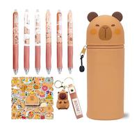 Estuche Capibara, 6 Bolígrafos Borrables, Estuche Escolar Kawaii 2 en 1, Silicona Suave, Llavero Capybara Animales, Portabolígrafos Pegatinas Capybara, Portabolígrafos Regalo para Niños y Adultos(C5)