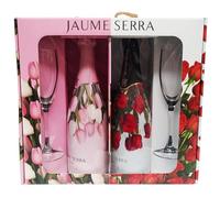 Estuche cava para regalar con copas, 2 botellas de cava Jaume Serra 1 brute y uno rosado y 2 copas de cristal en estuche regalo diseño floreado.