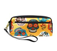Estuche colorido con diseño de calavera y flores, bolsa de piel sintética con cremallera para niños y niñas, suministros escolares y de oficina