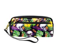 Estuche colorido con patrón de hojas de calavera, bolsa de piel sintética, bolsa de papelería con cremallera para niños y niñas, suministros escolares y de oficina