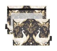 Estuche con 3 anillos con ventana transparente, pavo real, Dark Academia, blanco y dorado, 1 estuche con cremallera en varios colores, carpetas perforadas con 3 agujeros para suministros de oficina