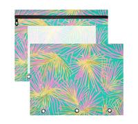 Estuche con bolsillo con cremallera para cartas de papel A4, paquete de 2 unidades, suministros universitarios, palmera tropical, hojas rosas y doradas