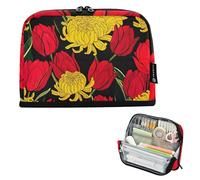 Estuche con cremallera para lápices, estuche de almacenamiento para lápices, bonito estuche para niñas, Kawaii Preppy College High School Supplies Red Tulipanes Amarillo Crisantemos Negro