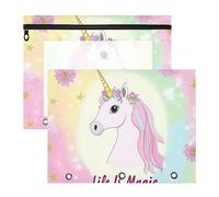 Estuche con cremallera y bolsillo de 3 anillos para cartas de papel A4, paquete de 2 suministros para estudiantes, suministros para el aula, unicornios mágicos, pastel