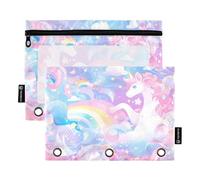 Estuche con cremallera y ventana transparente de dibujos animados de unicornios melocotón con cremallera en varios colores, carpeta de 3 agujeros para almacenar suministros escolares y de oficina