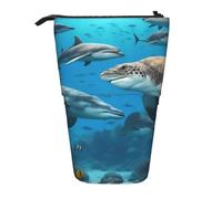 Estuche con estampado de delfines, tortugas marinas, tiburones, pulpos, arrecifes de coral, suministros de gran capacidad, organizador de oficina, bolsa de almacenamiento para bolígrafos