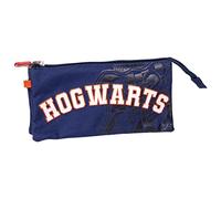 Estuche con Triple Compartimento de Harry Potter - Color Azul - 22,5x2x11,5 cm - Fabricado en Poliéster - Cierre de Cremallera - Estampado de Hogwarts - Producto Original Diseñado en España