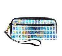Estuche cuadrado de pintura con mosaico azul acuarela para lápices, bolsa de piel sintética con cremallera para niños y niñas, suministros escolares y de oficina