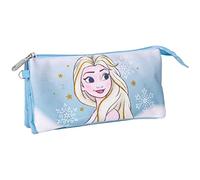 Estuche de 3 Compartimentos de Frozen - Color Azul - 22,5x2x11,5 cm - Fabricado con 100% Poliéster - Cierre de Cremallera - Estampado de Elsa - Producto Original Diseñado en España