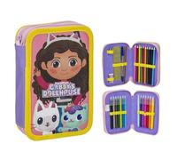 Estuche de 3 Compartimentos de Gabby's Dollhouse - Color Lila - 12,5 x 4,5 x 19,5 cm - Fabricado con Poliéster y PVC - Cierre de Cremallera - Incluye Accesorios - Producto Original Diseñado en España