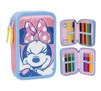 Estuche de 3 Compartimentos de Minnie Mouse - Color Rosa - 12,5 x 4,5 x 19,5 cm - Fabricado con Poliéster y PVC - Cierre de Cremallera - Incluye Accesorios - Producto Original Diseñado en España