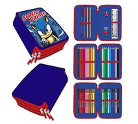 Estuche de 3 Compartimentos de Sonic - Color Azul - 12,5x6,5x19,5 cm - Fabricado con 100% Poliéster - Cierre de Cremallera - Incluye Accesorios - Producto Original Diseñado en España