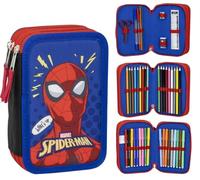 Estuche de 3 Compartimentos de Spiderman - Color Azul - 12,5x6,5x19,5 cm - Fabricado con 100% Poliéster - Cierre de Cremallera - Incluye Accesorios - Producto Original Diseñado en España