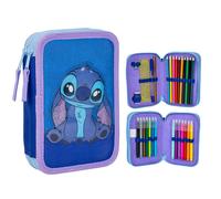 Estuche de 3 compartimentos de stitch - color azul - 12,5 x 4,5 x 19,5