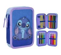 Estuche de 3 Compartimentos de Stitch - Color Azul - 12,5 x 4,5 x 19,5 cm - Fabricado con Poliéster y PVC - Cierre de Cremallera - Incluye Accesorios - Producto Original Diseñado en España