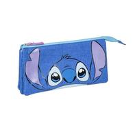Estuche de 3 Compartimentos de Stitch - Color Azul - 22,5 x 2 x 21,5 cm - Cierre de Cremallera - Versátil y Duradero - Producto Original Diseñado en España