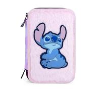 Estuche de 3 cremalleras Stitch Cerdà | Licencia Oficial Disney | 3 compartimentos | Escuela primaria y secundaria | Rosa efecto peluche con parche de goma y tirador de piña
