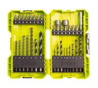 RYOBI - Caja Apilable 32 Accesorios Mixtos para Taladrar, Atornillar, Empernar + 1 Porta-Puntas - Puntas PH, PZ, HEX, T, SL, Zócalos, Brocas Madera, Metal, Hormigón - Trabajos Comunes - RAK32DDMIX