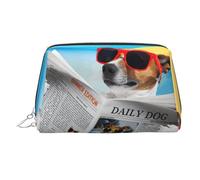 Estuche de belleza portátil con estampado de perro con gafas, periódico, océano, playa, bolsa de viaje compacta con ranuras interiores organizadas para uso diario, Silver, One Size